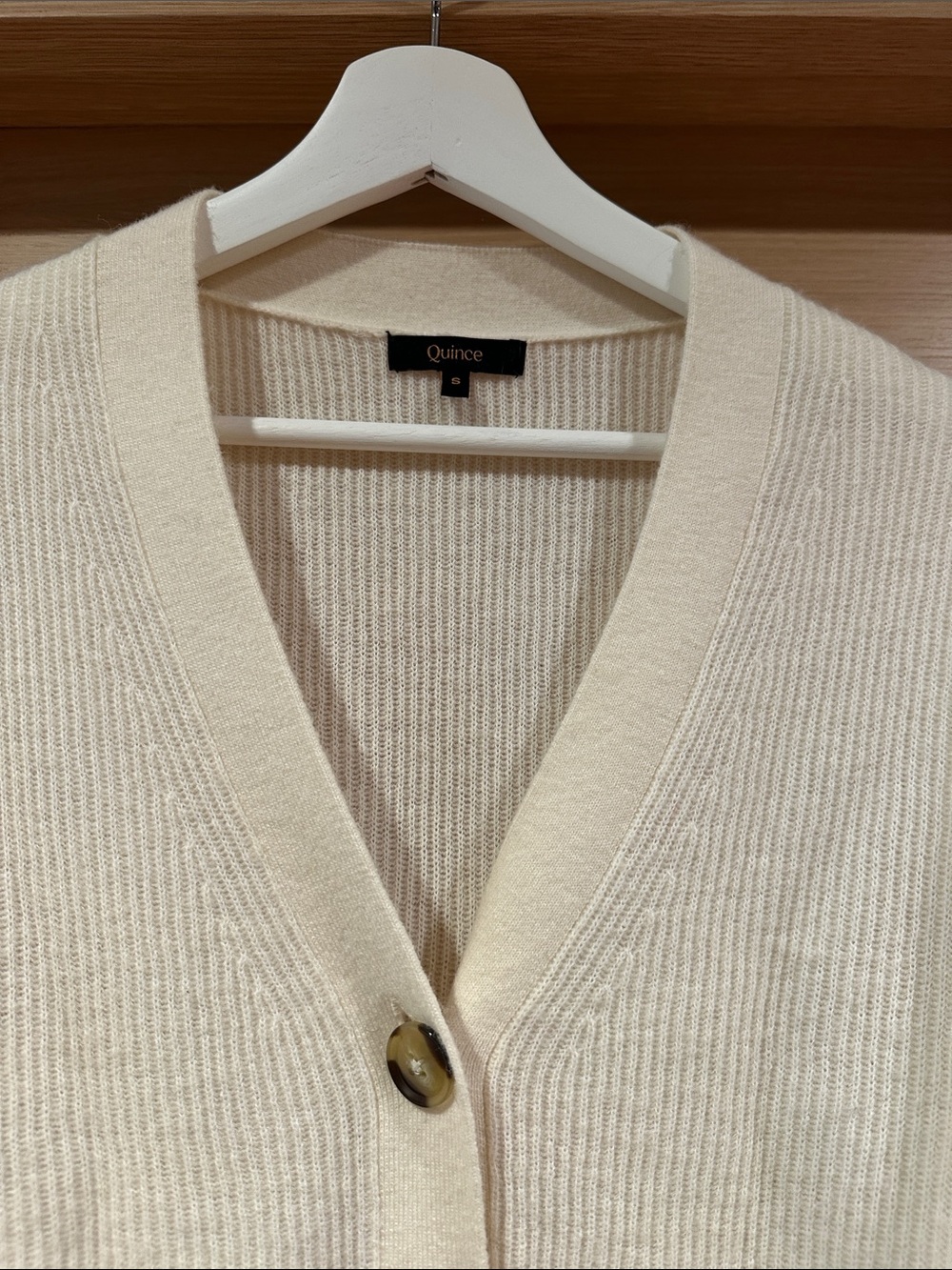 Quince Cream Ribbed V-Neck Button Cardigan - Picture 5 of 5